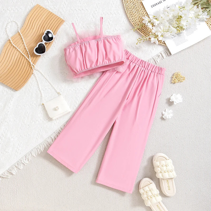 Summer Girls Clothes Set Princess Floral TopsWide Leg Pants Fashion Children Clothes Two Piece Sets 250326