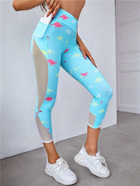 Women Yoga Pants New Summer Pocket Mesh Breathable Fitness Yoga Pants With Colorful Dinosaur Print Underpants YJ