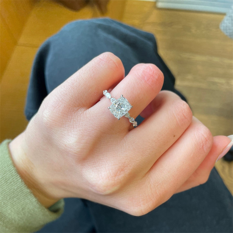 Jewelry 2.0 Carat Elongated Cushion CVD HPHT Lab Diamond Engagement Ring 14K White Solid Gold With Marquise Side Lab Diamond Wedding Ring For Women