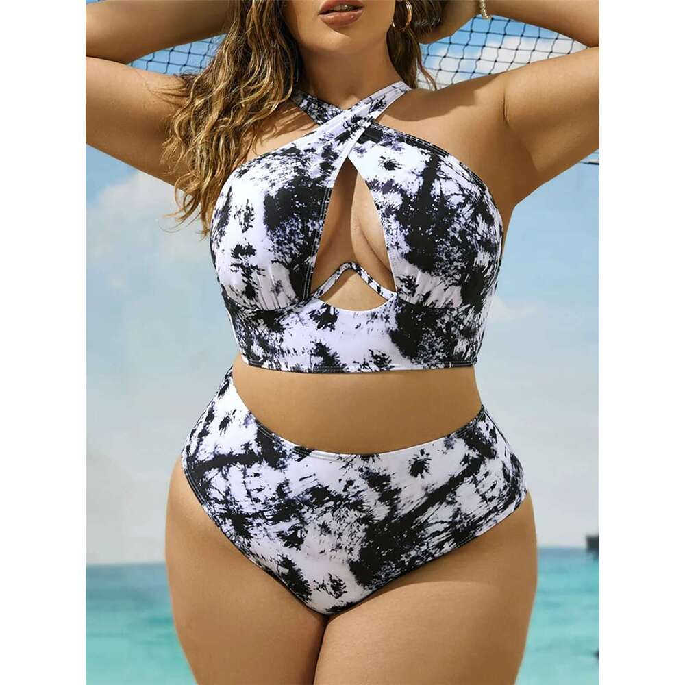 0XL - 4XL Printed Large Swimwear Plus Size High Waist Women Swimsuit Female Two-pieces Bikini set Bathing Suit K5630 - Twopieces - -