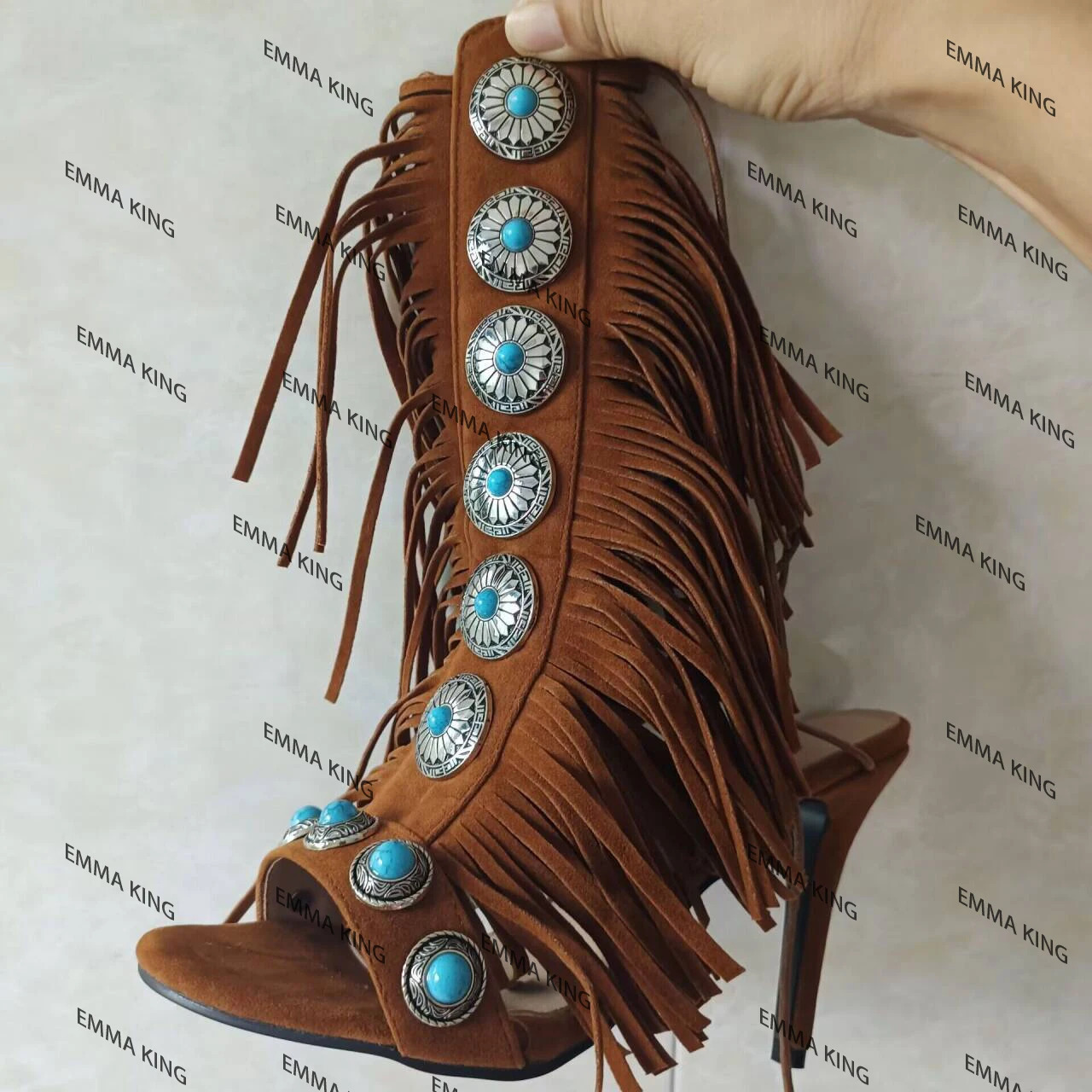 Summer 2025 Womens Brown Black Suede Cross Lace Metal Round Stripped Toe Thin Heel Ankle Sandals 44 250317