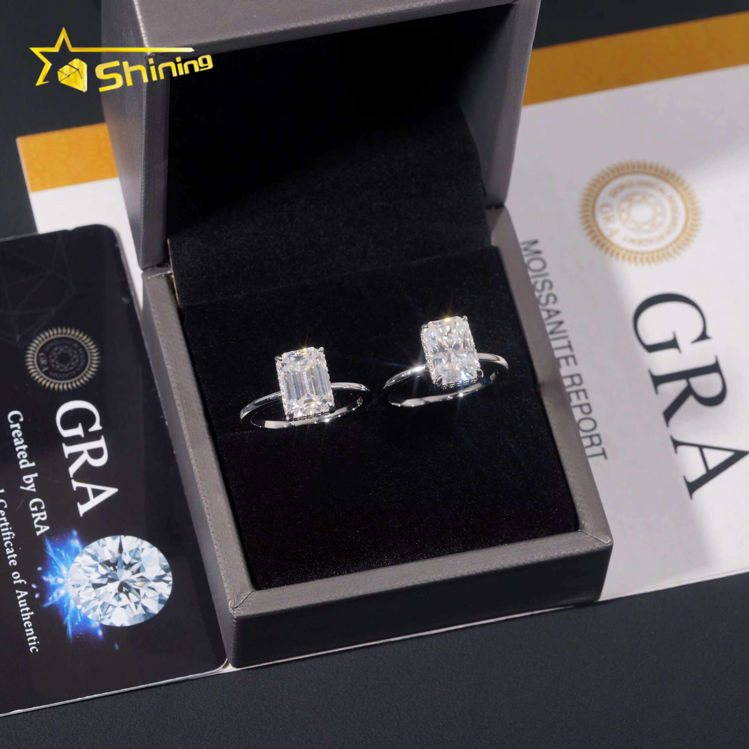 Fashion Women Jewelry Radiant Cut 3ct Moissanite 925 Sterling Silver Gold Plated Halo Set Plain Band Engagement Womens Rings