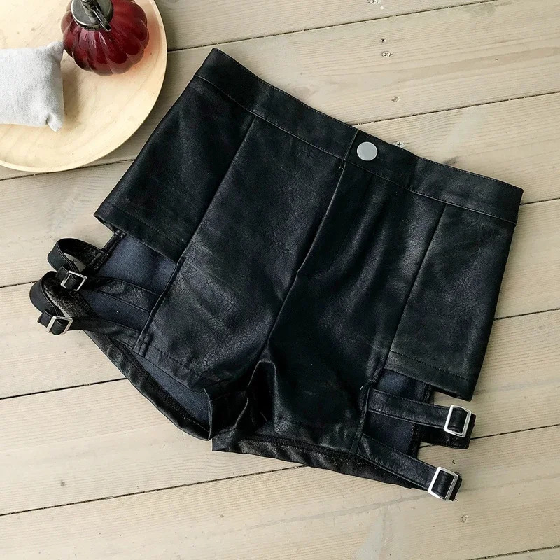 High waisted black synthetic leather shorts with hollow button sexy pole dance boots for womens club clothing casual micro mini 250321