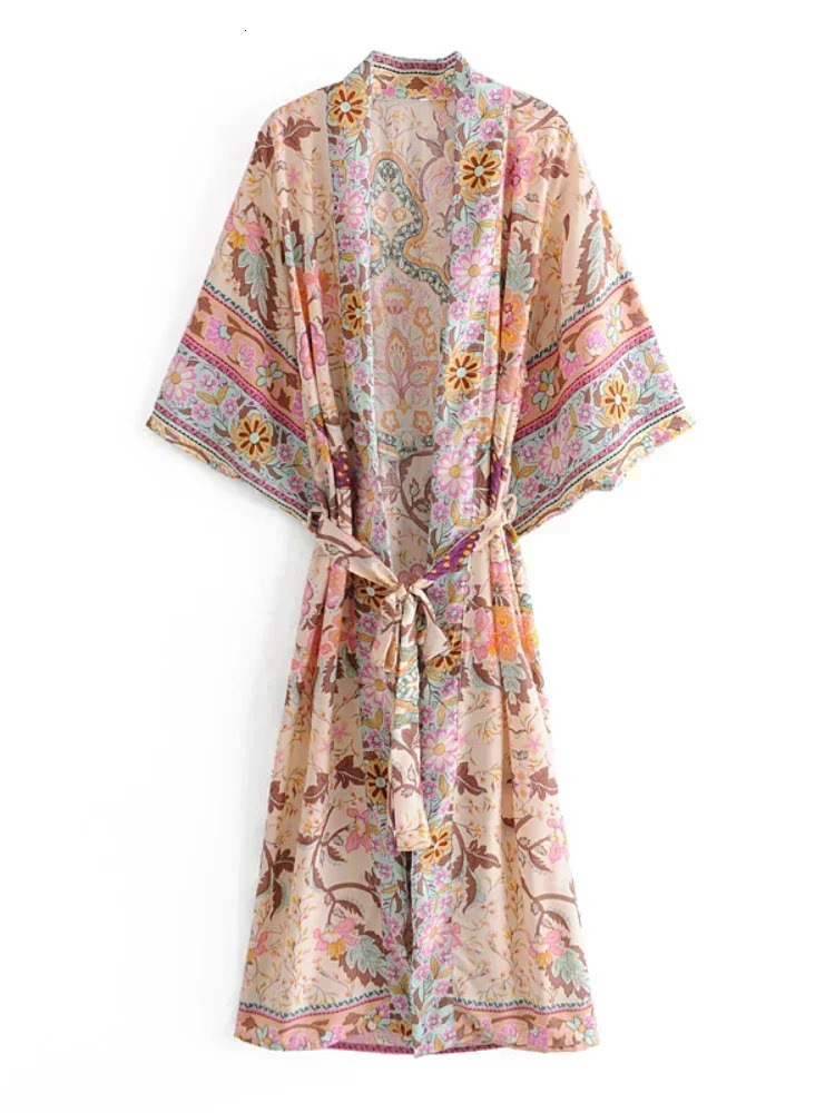 Bohemian Womens Peacock Printed Bat Sleeves Beach Kimono Robe Vneck Tassel Summer Happy Bikini Top 250326