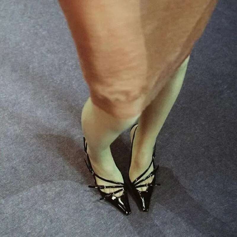 2024 Summer New High Heels, Sexy Hollow Black Silk Pointed One-e Buckle Skinny Heel Sandals, Women's Shoes