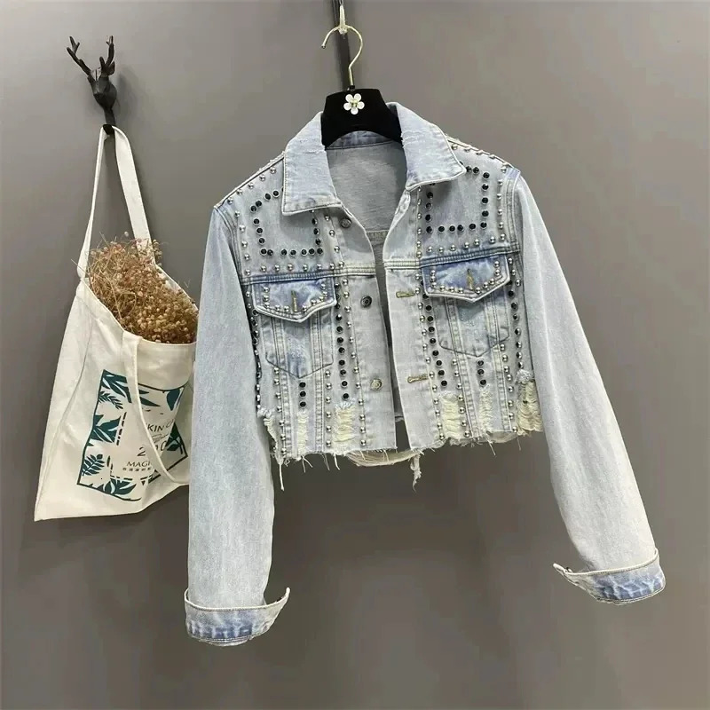 Spring and autumn womens denim jacket highquality rivet nail bead casual 250326