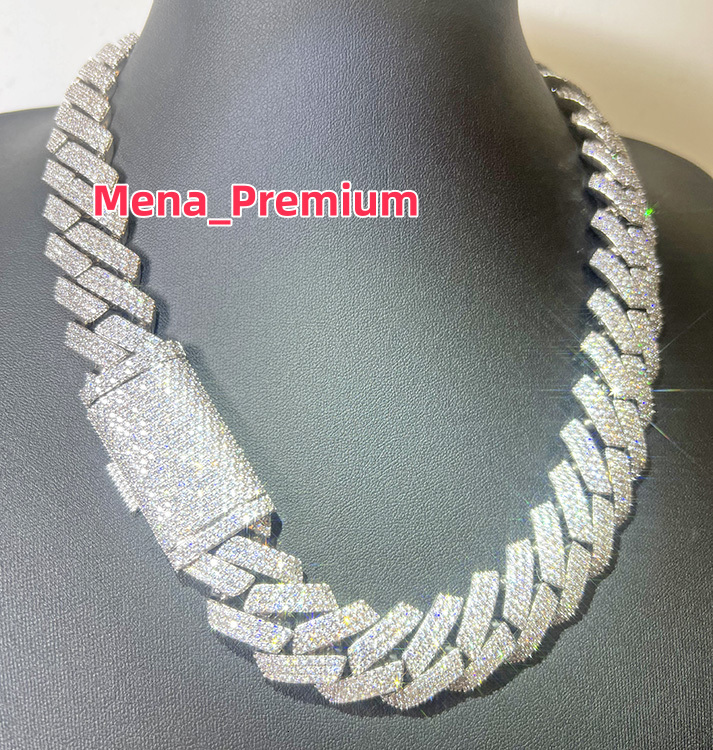 Heavy Silver 15MM 20MM 3Rows Cuban Chain Necklace White Gold Plated Moissanite Diamond Cuban Link Chain