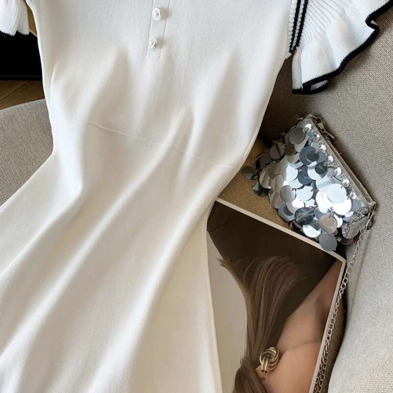 Preppy Short Women Style Buttons Sleeved Knit Contrast Color Stripes Turn-down Collar Summer Mid-Length Casual Dress