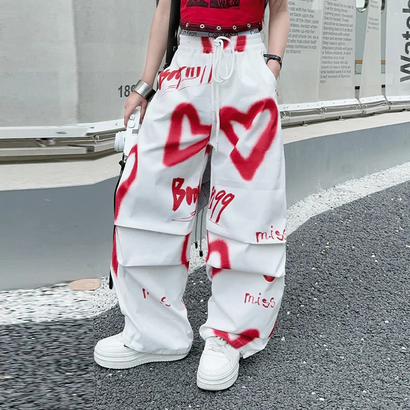 2025 summer spring teens tracksuit Girls cloth heart set graffiti t-shirt top long wide leg pant Kid 4 5 6 7 8 9 10 12 14 year 250326