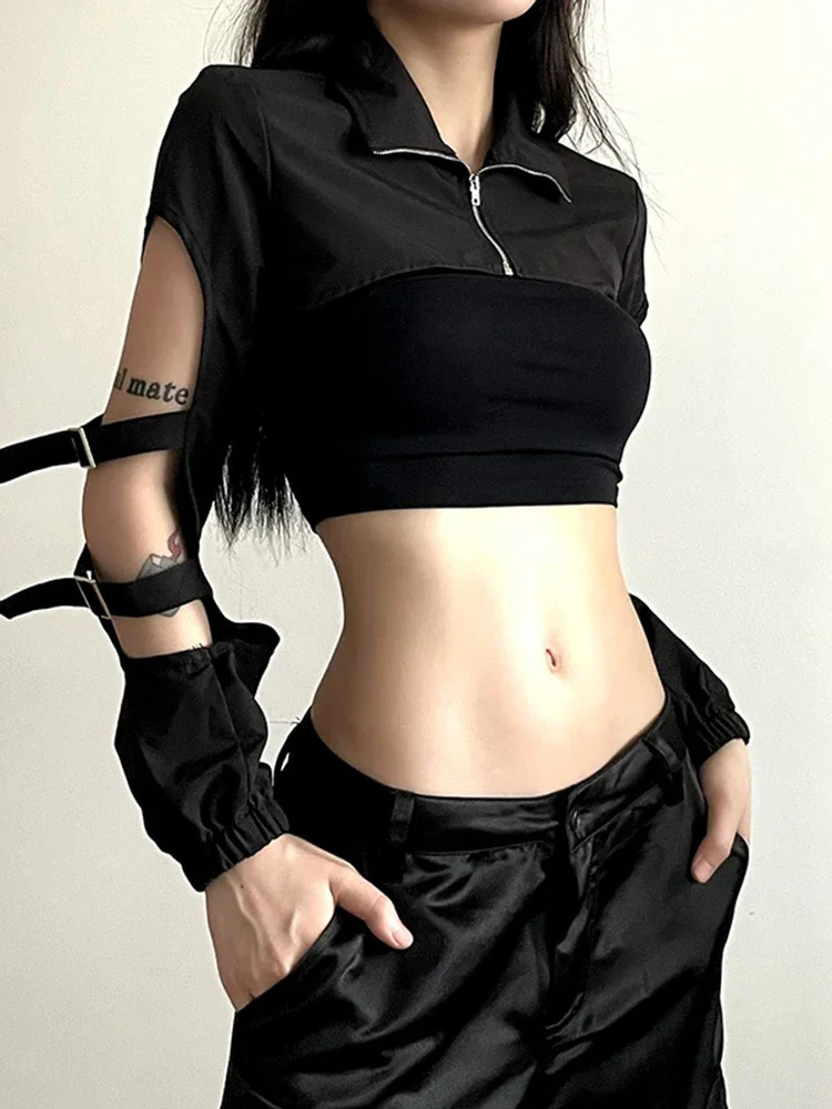 Hollow Out Techwear Fashion Cargo Cardigans Cyber Gothic Zip Up Sexy Crop Jackets Y2k Punk Turtleneck Streetwear Tops 250322