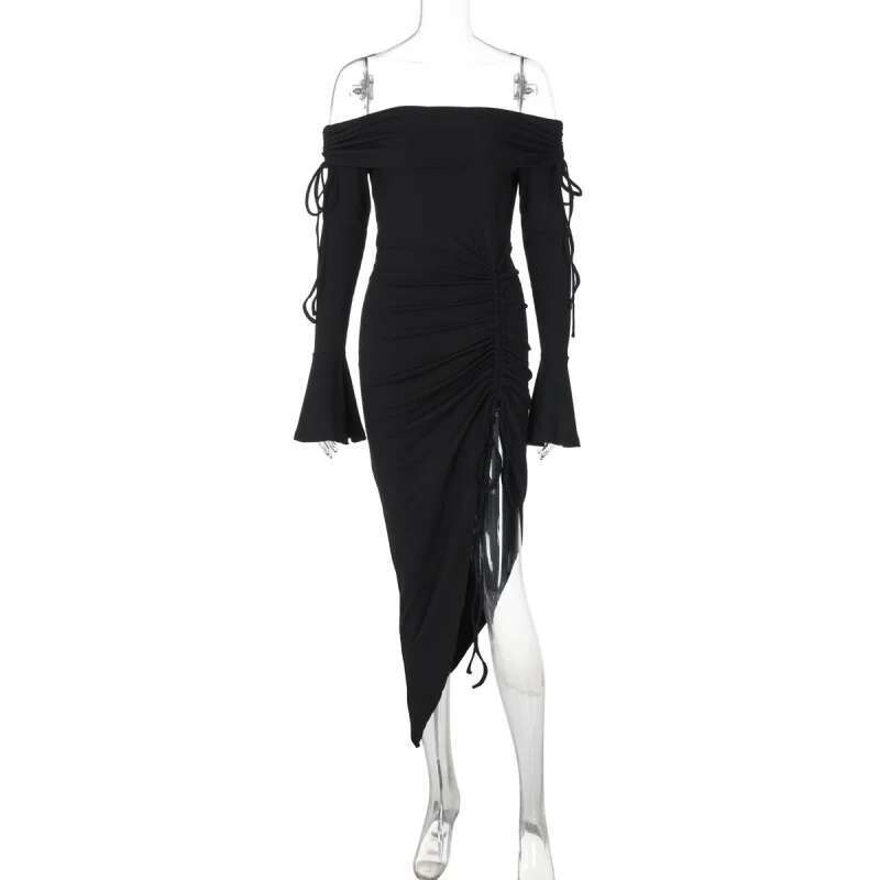 Dongdumaoyi Nieuwe Sexy Bustier One Shoulder Klokmouwen Patchwork Trekkoord Steekjurk C