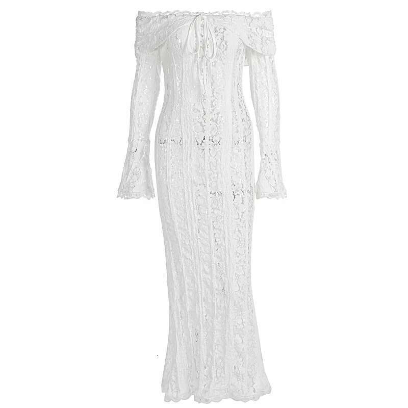 Dongdumaoyi Lange Bodycon Jurk Met N Schouder Uitlopende Mouwen Van Een Zachte En Elegante Strapless Taille Kalkende Trein C