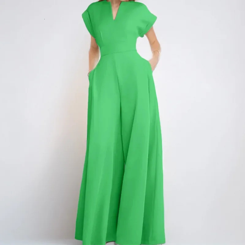 Womens loose fashionable elegant short sleeved collar solid color wide leg jumpsuit casual and comfortable onepiece set 250326