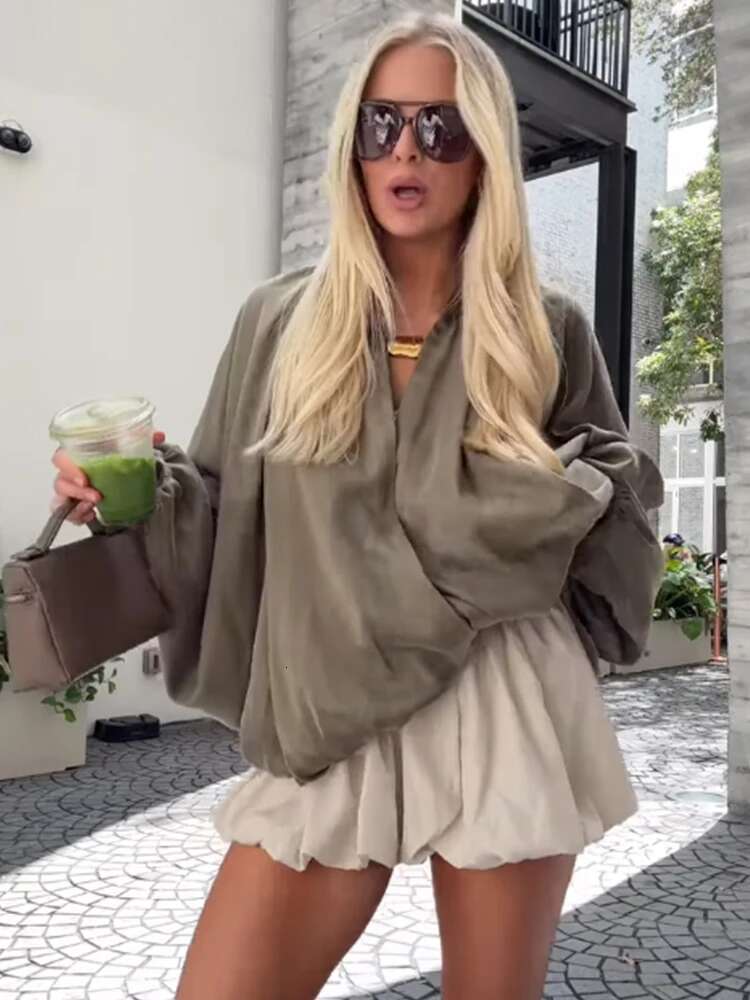 Spring Women's Green Jacket Pleat Loose Lapel Zipper Batwing Long Sleeve Bomber Short Coat 2025 Fashion High Street Outwears