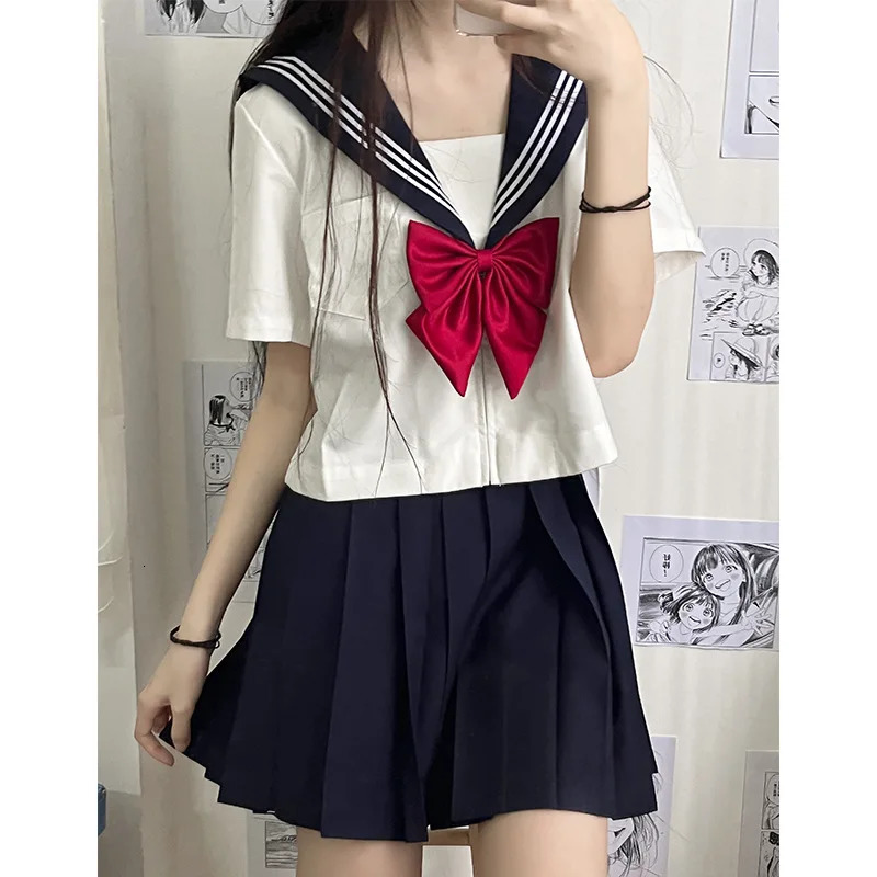 Japan School Uniform Girl Jk Set Sexy Spring and Autumn Red Tie White Three Basic Sailor Womens Long Sleeve 250326