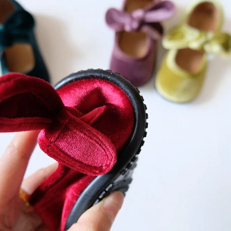 deer jonmi Korean Style Baby Girls Velvet Bowknot Princess Flat Shoes Soft Non-slip Toddlers Kids Shoes 250326