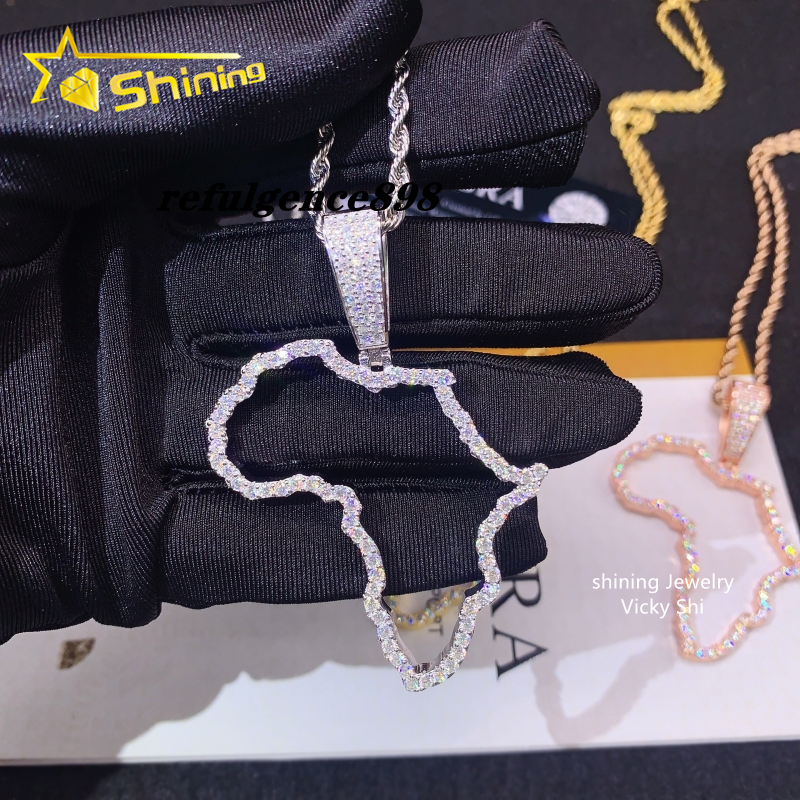 Hot Selling New Design Hip Hop Jewelry S925 Silver Gold Plated VVS Moissanite Diamond Map Pendant for Necklace