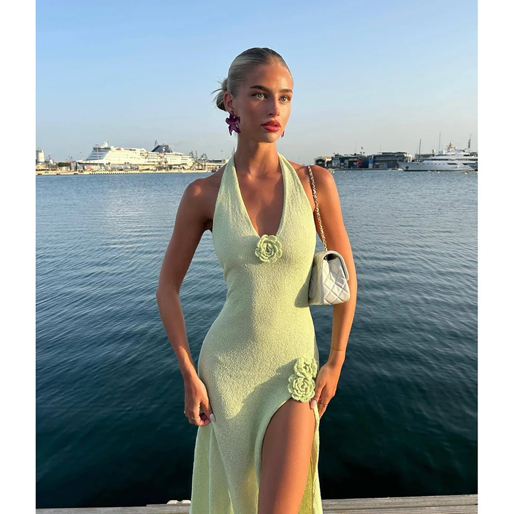 2024 Beach Top Knitted Tunic Bikini Sexy See Through Halter Maxi Dress Slit Summer Wear 250326