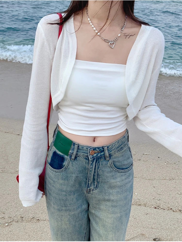 AOSSVIAO white tie summer cardigan womens sexy long sleeved transparent thin crop top fashion fully matched short Tshirt unprinted good product 250326