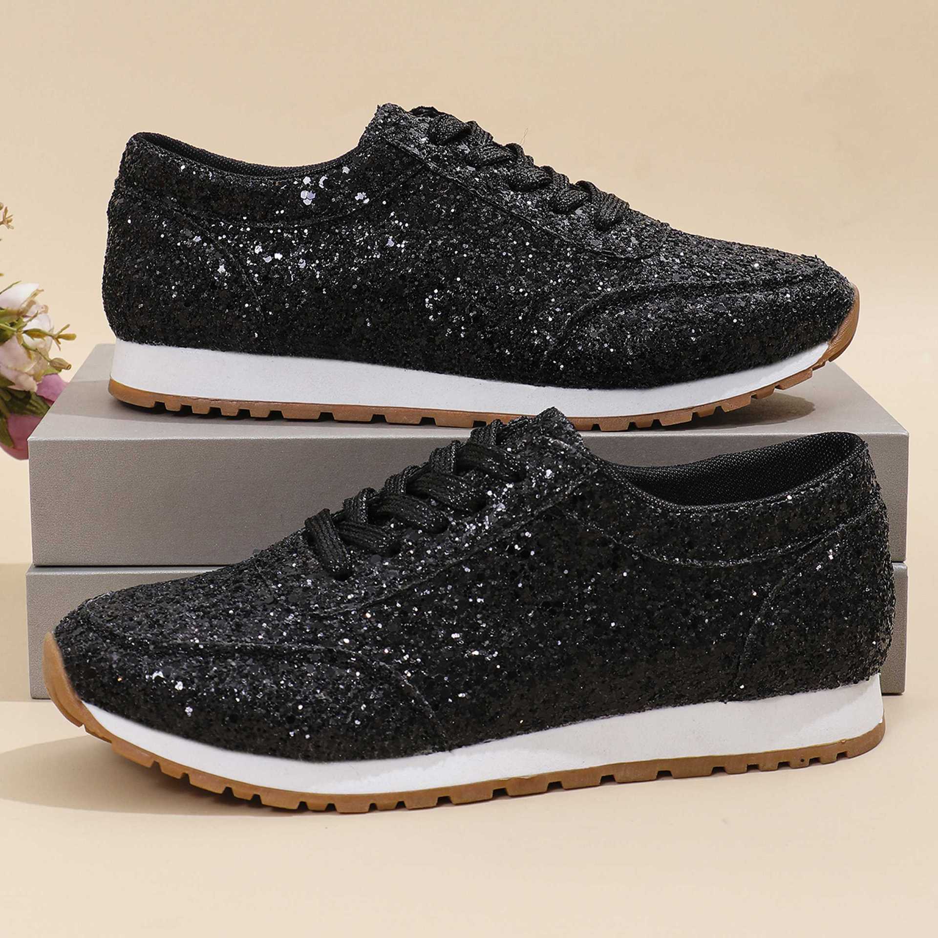 Fashion plus size 36-43 Women's flat Casual Sneakers 2025 New sequined gold silver lace-up outdoor shoes soft soles comfortable Orthopedic Walkin