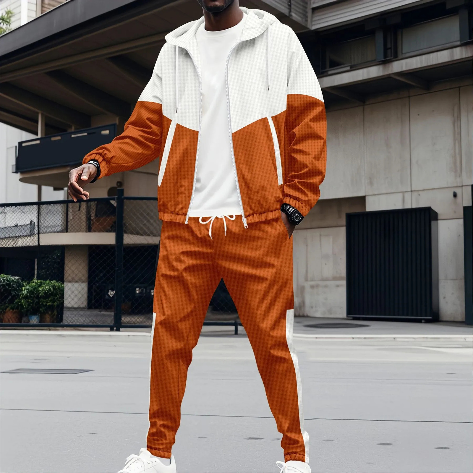 SpringAutumn Mens Hoodie Waffle Match Jacket Double Pocket Long Sleeve Casual Sports Pants Set 250327