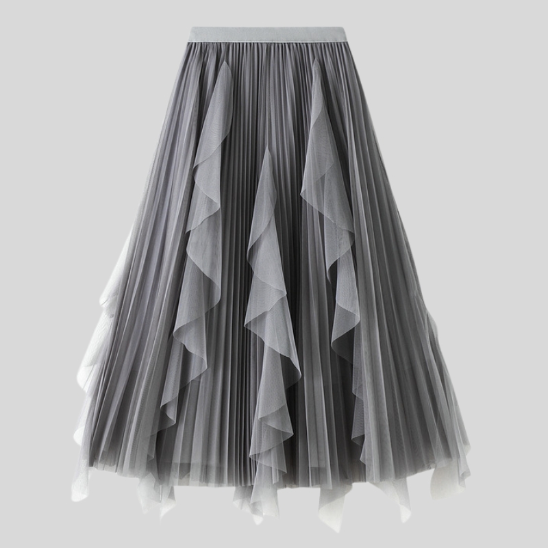 Spring new high-waisted lotus leaf edge splicing mesh skirt women's medium and long big pendulum pleated skirt
