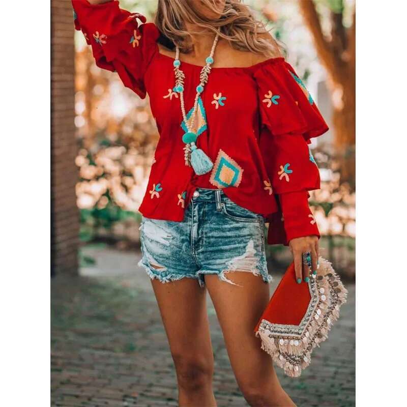 Dongdumaoyi Damesshirt In Bohemien Stijl Met Lange Mouwen Herfst Nieuwe Rode Casual Damestop A