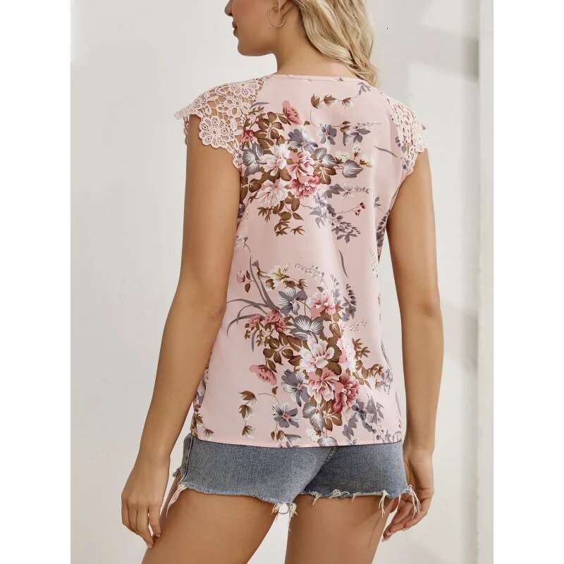 Dongdumaoyi Dames Zomer Nieuwe Kanten Mouw Patchwork Print Shirt Cap Top A