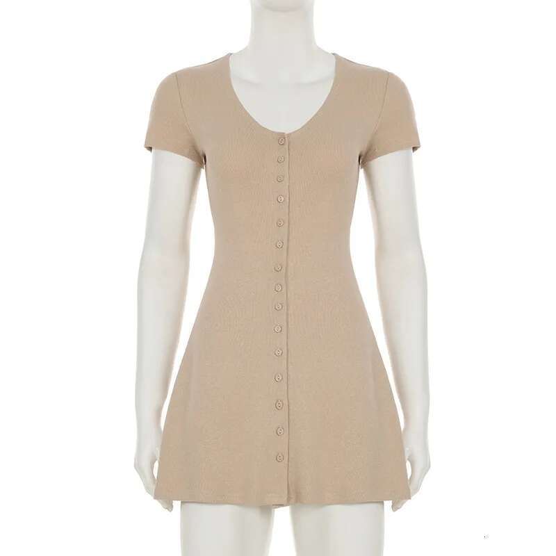Summer TARUXY Knitted 2025 New Mini Female Elegant V Neck Buttons Short Sleeve High Elasticity Casual Women's Dress