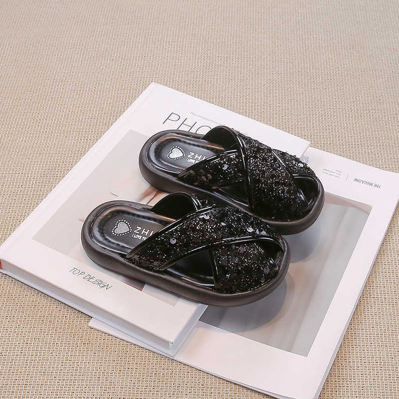 Slipper 2024 summer British style childrens slippers with sequins for girls middle-aged and young children princess shoes S25326