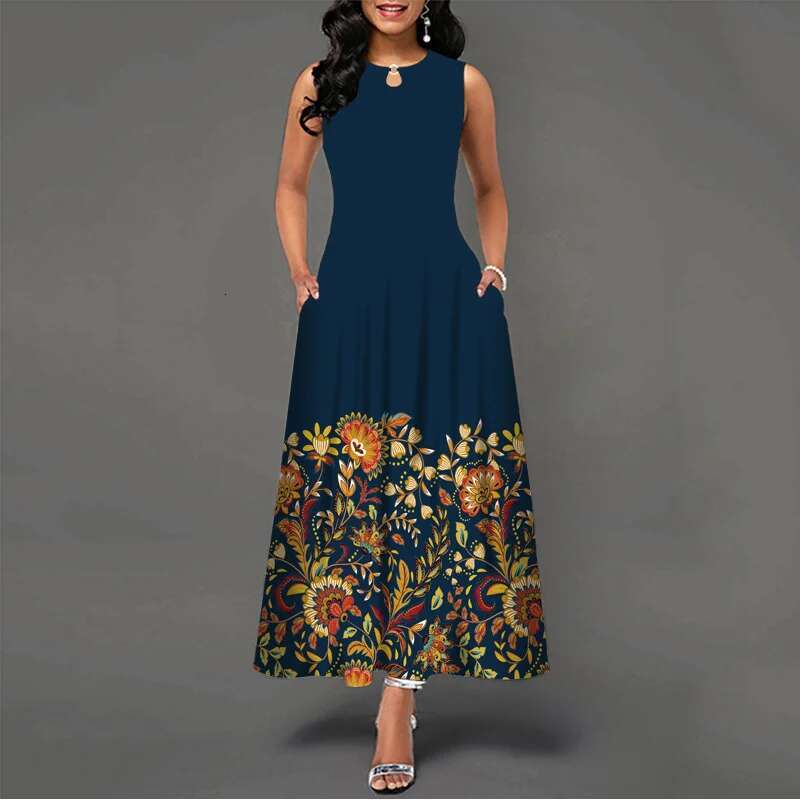 Dongdumaoyi Keyhole Jurk Met Bloemenprint Boho Mouwloze Maxi Ronde Hals En Zak Dameskleding