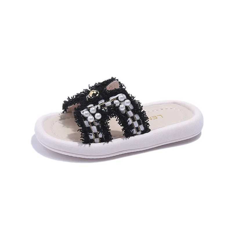 Slipper Girl slide summer childrens chic checkered princess sandals with simple pearl sweet fashionable elegant slide suitable for childrens outdoor a