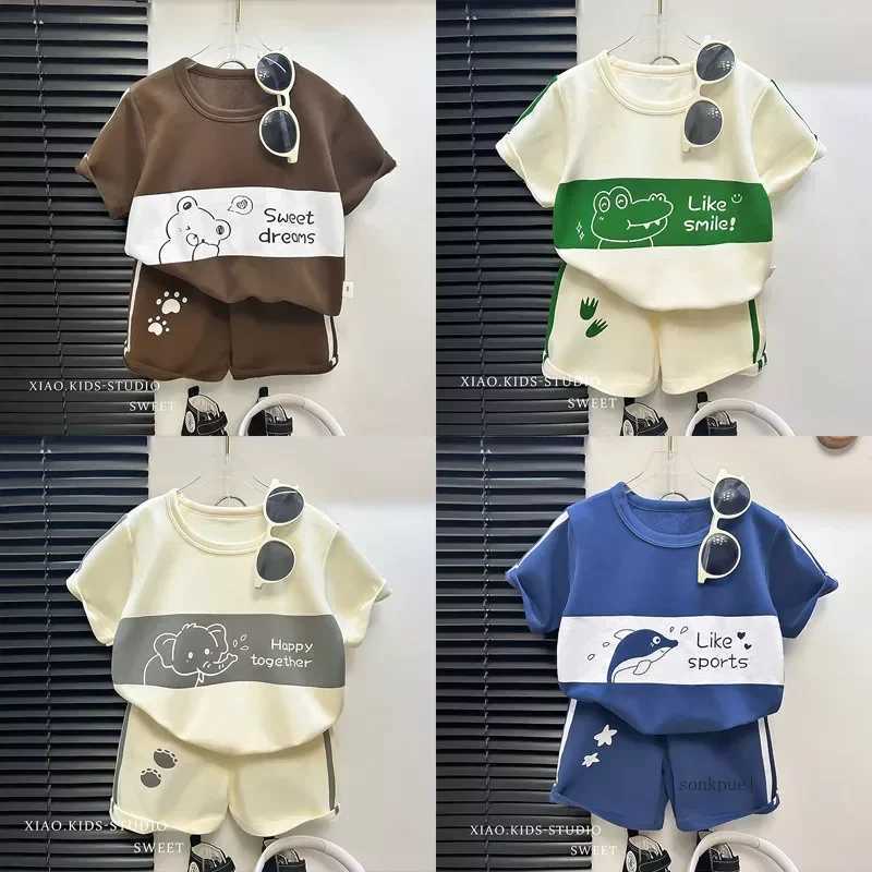 2Pcs Cartoon Bear Childrens Short Sleeve Set Summer Childrens Clothing Boys and Girls Baby Thin Cotton T-shirt Track Set Fashion SetT250327