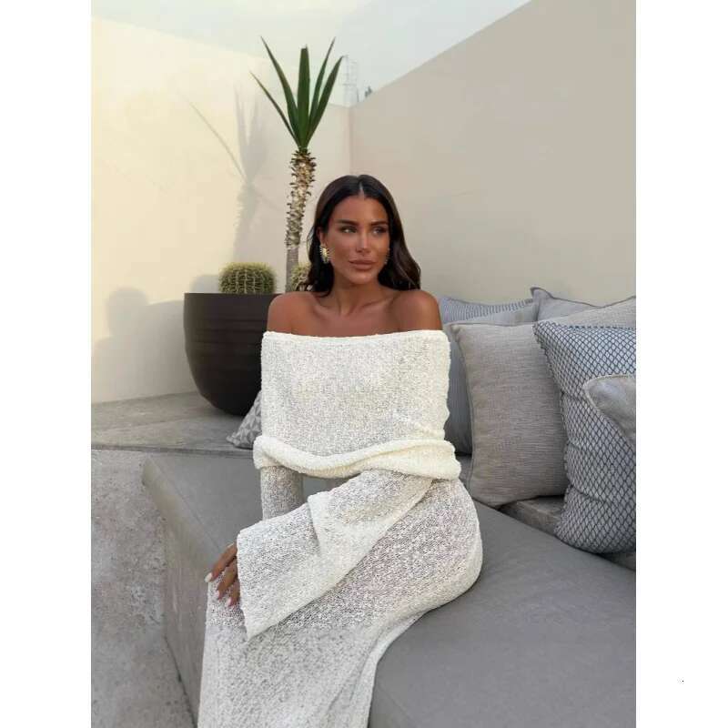 Dongdumaoyi Zomer Nieuwe Dames Off Shoulder Gebreide Jurk Slanke Effen Kleur Lange C