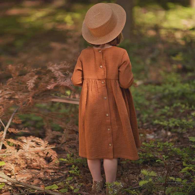 100% pure cotton retro girls dress autumn new item baby and childrens casual comfortable long sleeved button up dress childrens clothing TZ62 W250326