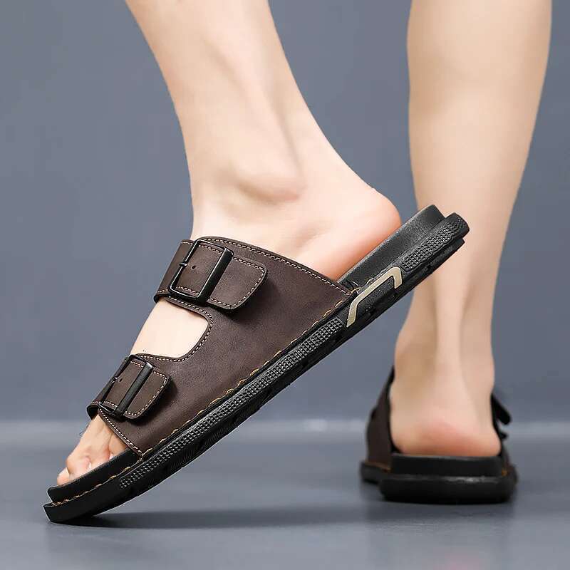 Fashion for men, PU leather, metal details, buckle strap, plus size, summer beach men's mid heeled shoes, sandals