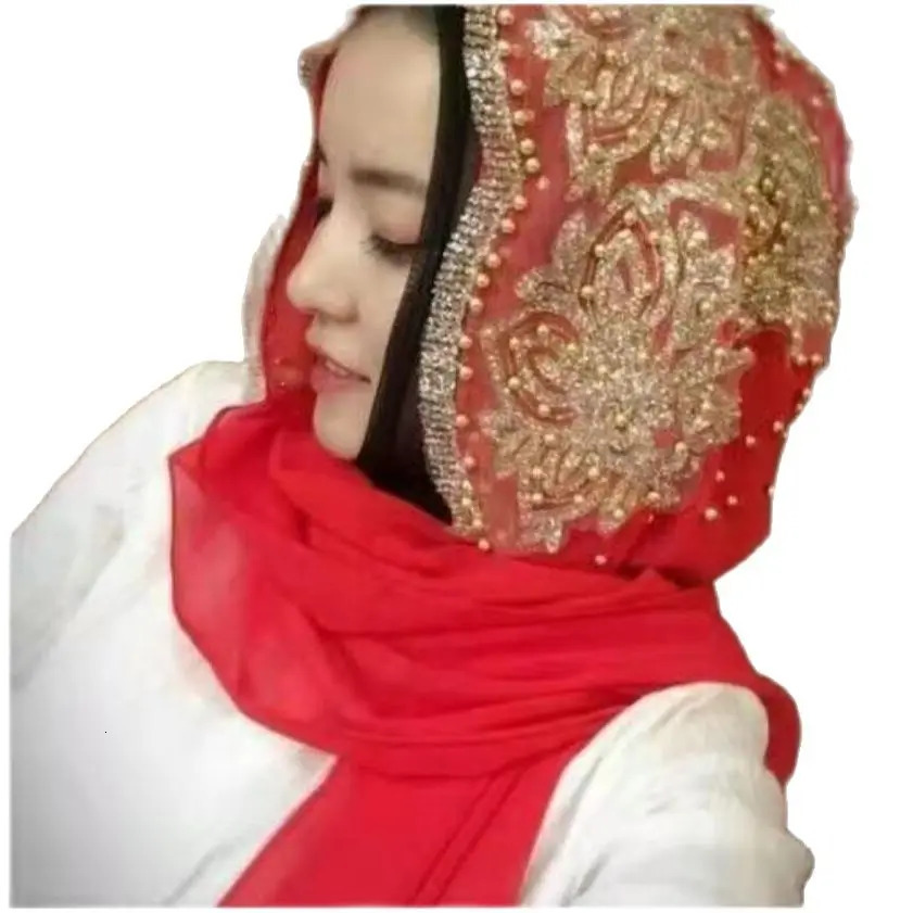 Muslim chiffon headscarf beaded womens Muslim gold diamond sequin long scarf headscarf Hoofddoek fashionable flat headscarf 250322