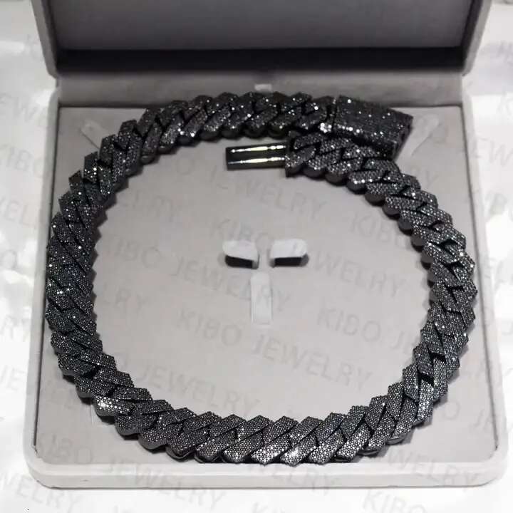 Hot-sale 18mm 20mm Black Plated 2 Rows High Quality Sterling Silver Ice Out Black Cuban Link Chain Moissanite