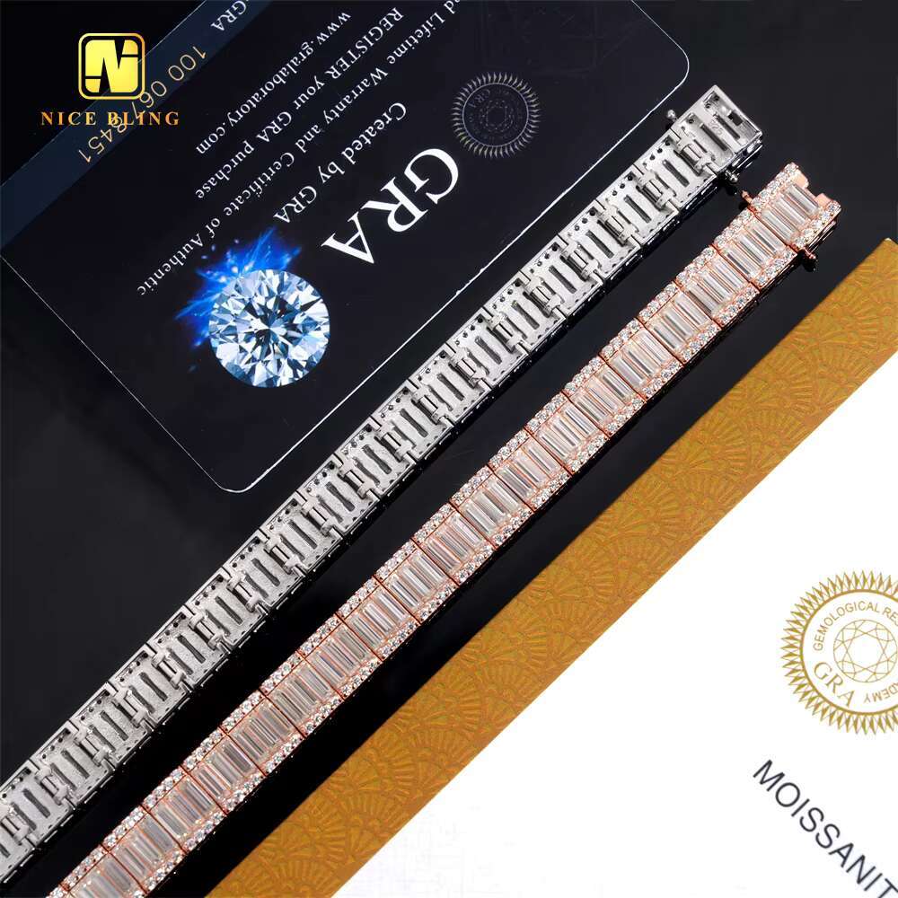 Luxury Hip Hop Unisex Jewelry Baguette Custom Iced Out Diamond Cuban Link Chain 925 Silver VVS Moissanite Bracelet Bangle