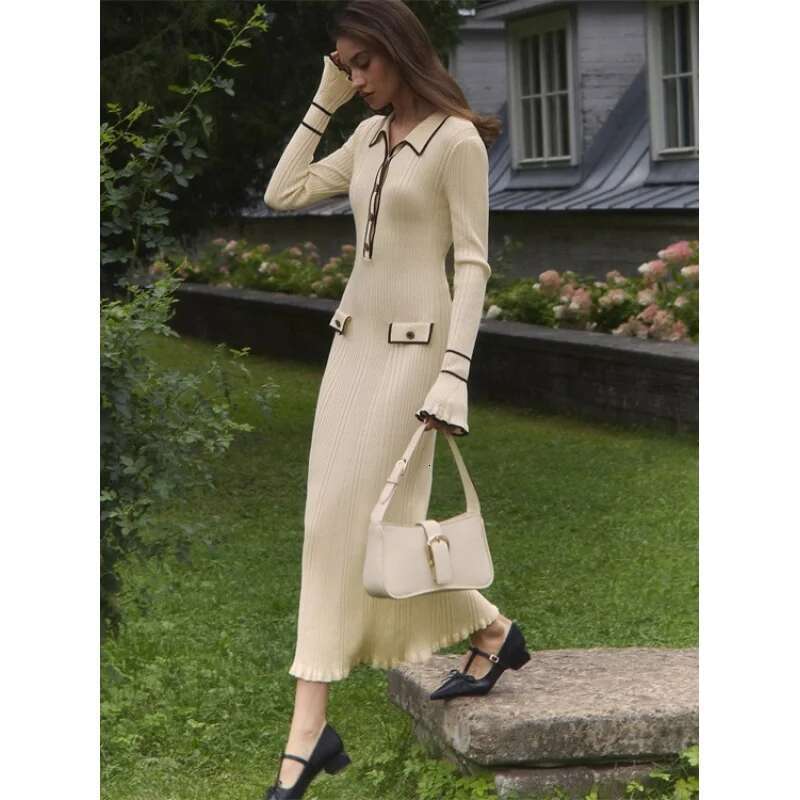 Dongdumaoyi Franse Entry Lux Gebreide Jurk Met Ruches Nieuwe Herfst Winter Trui Revers Strakke Midi C