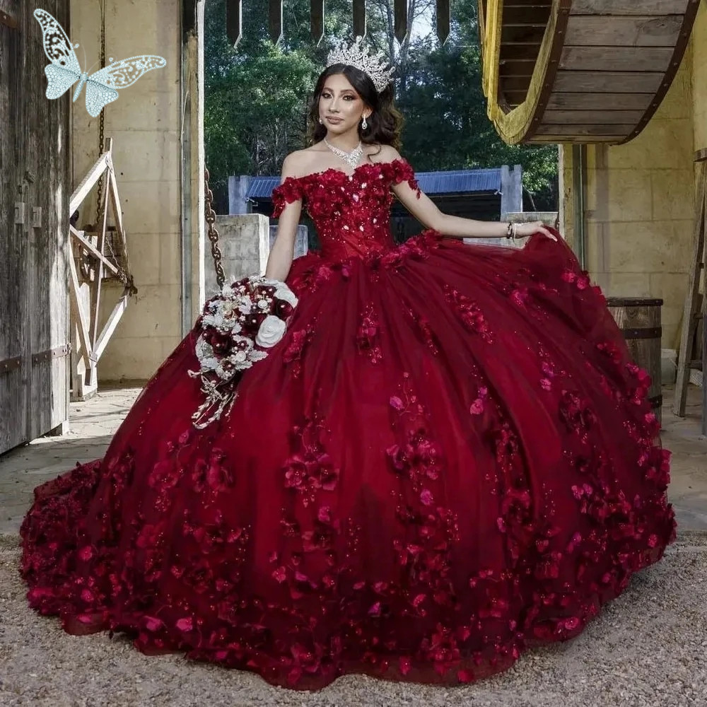 Burgundy Quinceanera Dresses Ball Gown Off The Shoulder Tulle Floral Pearls Sweet 16 Dresses 15 Anos Mexican Customized Vestidos De 15 Anos Girls 16