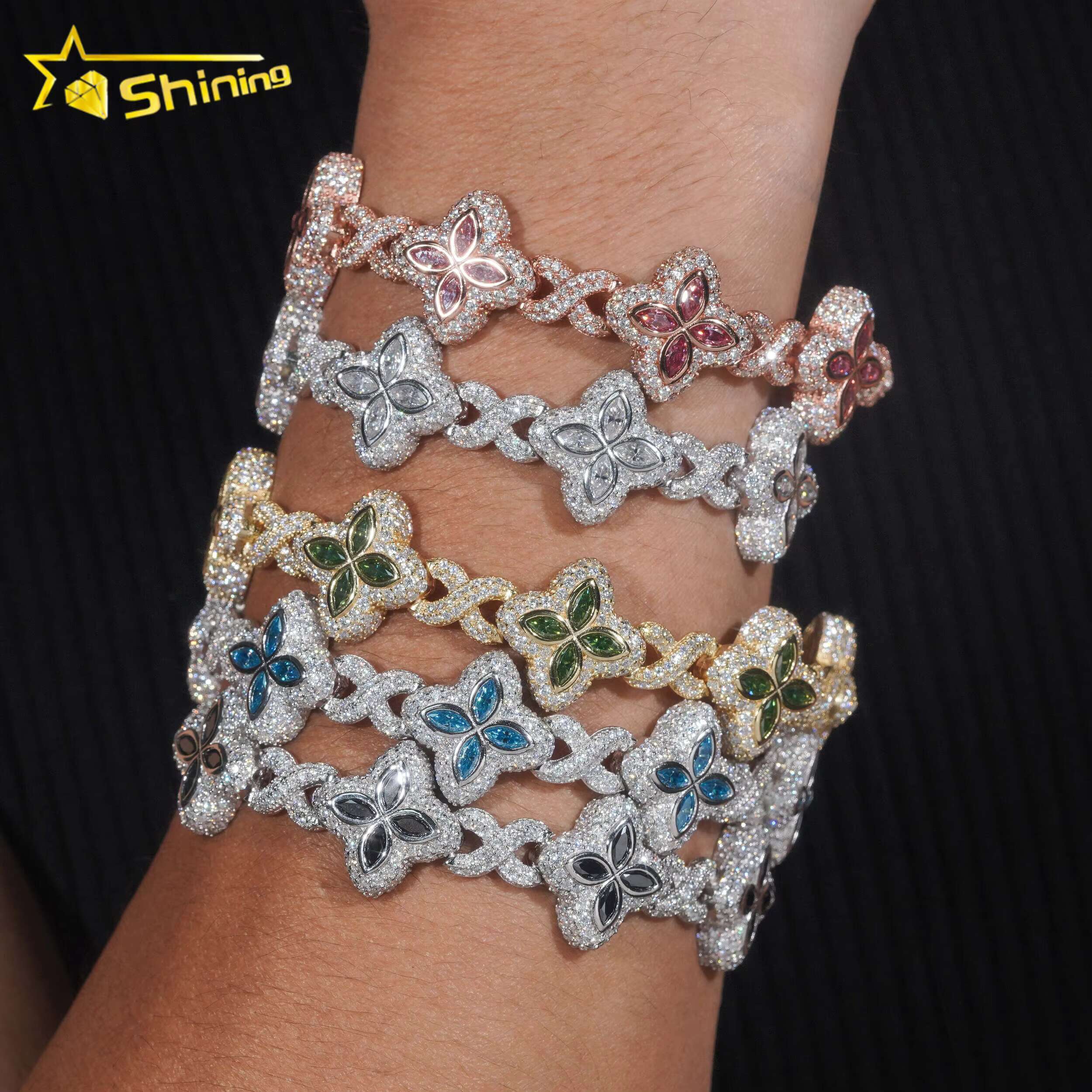 New Stocks Pass Diamond Tester Silver 925 Gold Plated Hip Hop Jewelry Custom Colored Moissanite Clover Cuban Bracelet
