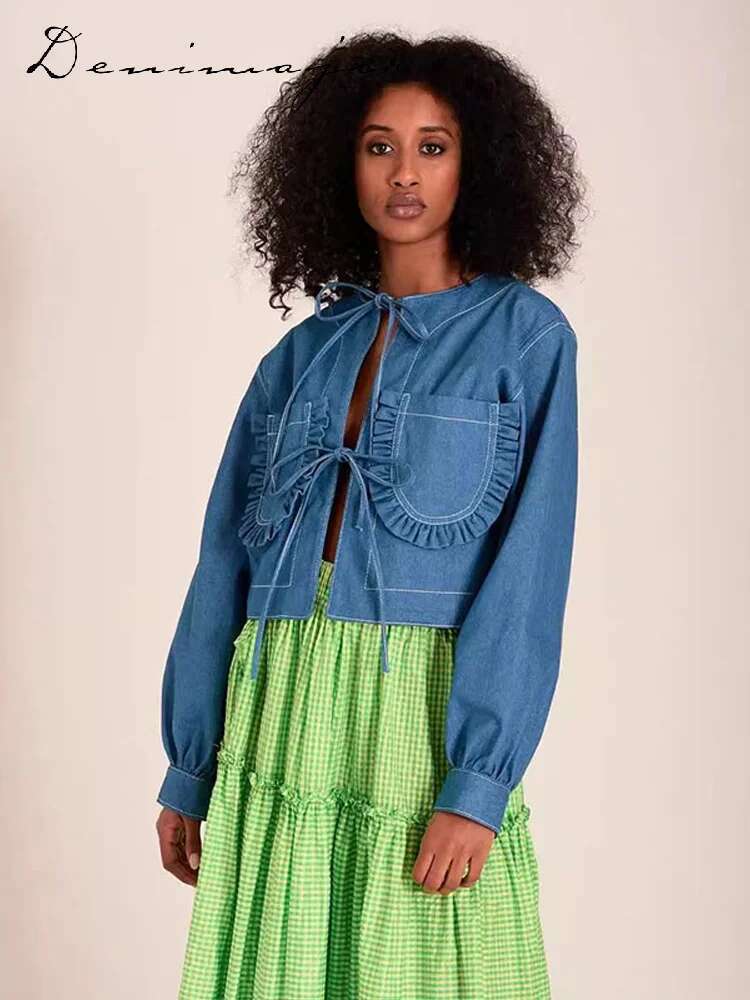 Fashion Pleated Pockets Denim Coat Women O-Neck Lace Up Long Sleeved Blue Top Female Spring Elegant Casual Lady Streetwears