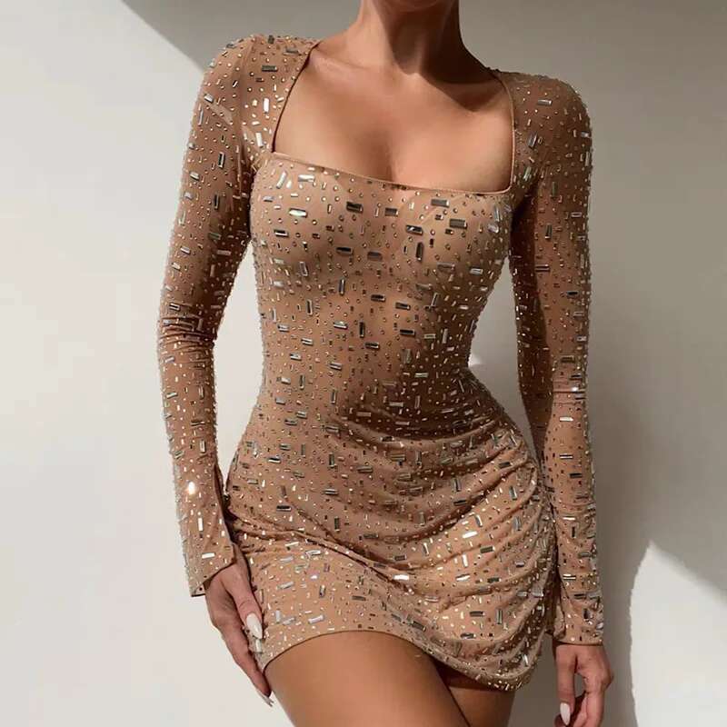 Dongdumaoyi Nieuwe Temperament Vierkante Kraag Lange Mouw Strass Betaalbare Luxe En Sexy Jurk Korte Rok Voor Vrouwen A