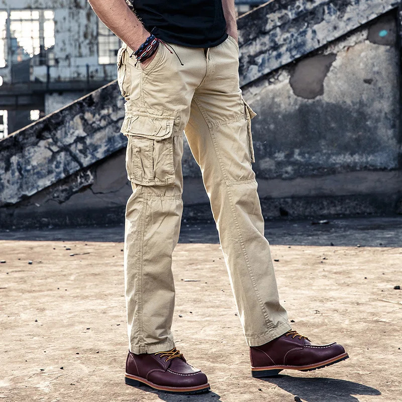 Casual pants mens straight leg cotton cargo Trouser multi pocket work fishing suit military summer spring khaki black 250327