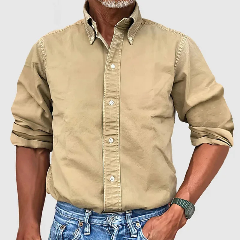 mens solid color long sleeved lapel clothing single chest shirt imitating denim 250326