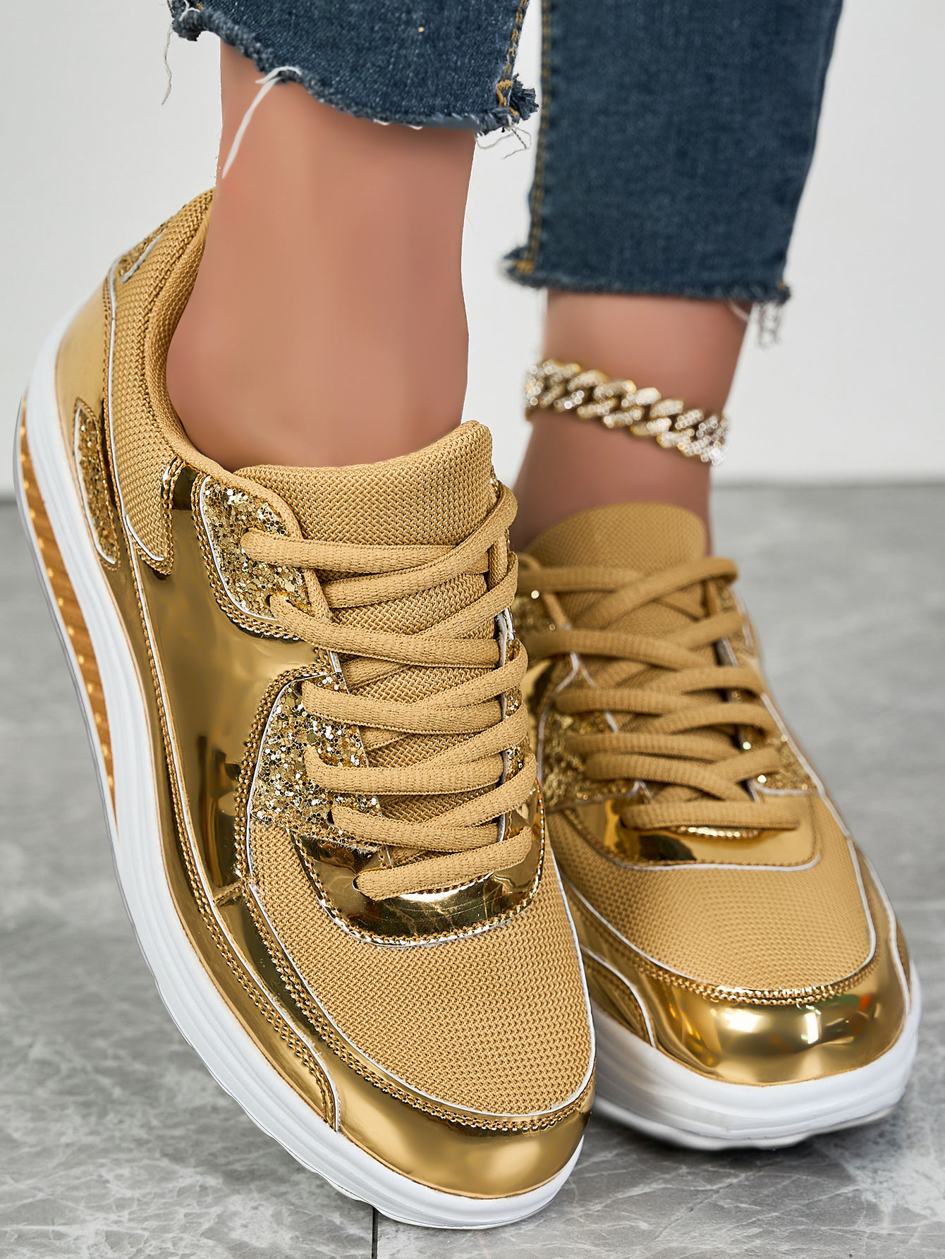 2025 Spring Summer new arrival design Gold bright mesh casual sneakers outdoor plus size women's shoes size 36-42 Mermaid core free shipping