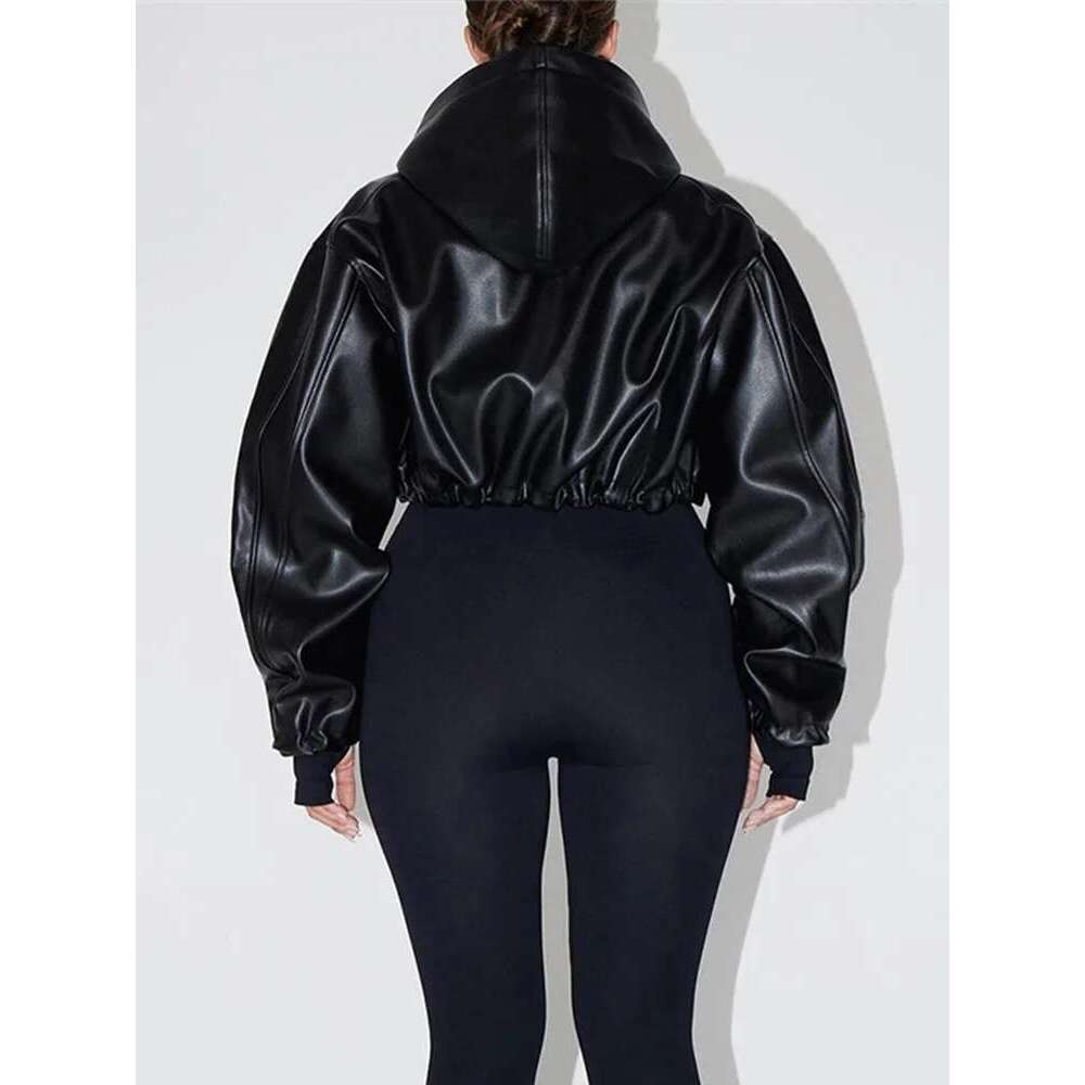 Women's Wear Women's Pu Leather Crop Hoodie Jackets Street Long Sleeve Zipper Black Outerwears 2024 Autumn New Fashion Bomber Jacket Coats