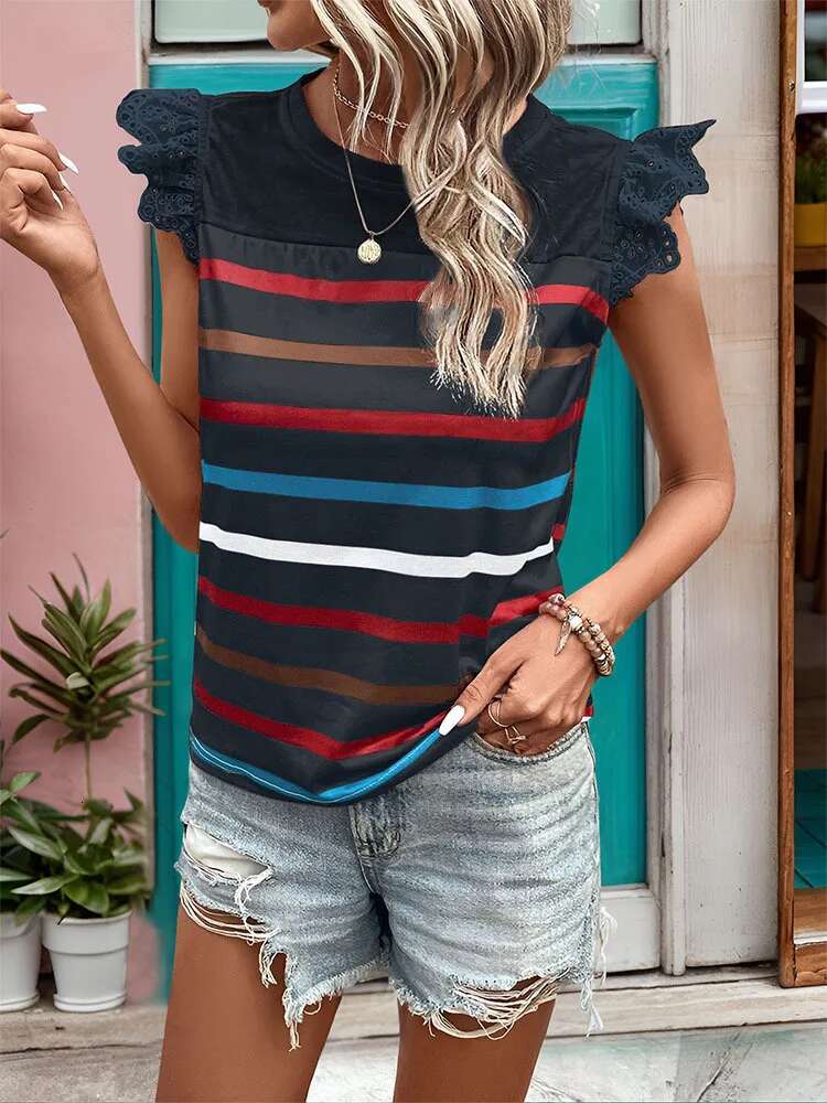 Dongdumaoyi Nieuwe Zomertop Casual Kanten Volantmouwen Gestreept Damesmode T Shirt