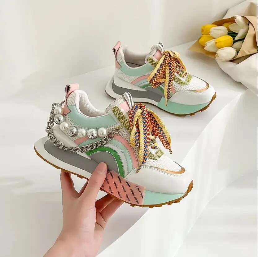 Designer Shoes 2025 New High Quality Leather Sports Shoes Lace Rainbow Platform Pearl Chain Decoration Fashion Vulcanized Shoes For Women
